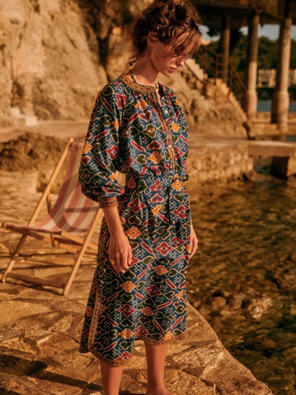 Sezane Glorina Dress in Candy - Navy Geometric Floral Midi Dress Size FR 34/US2